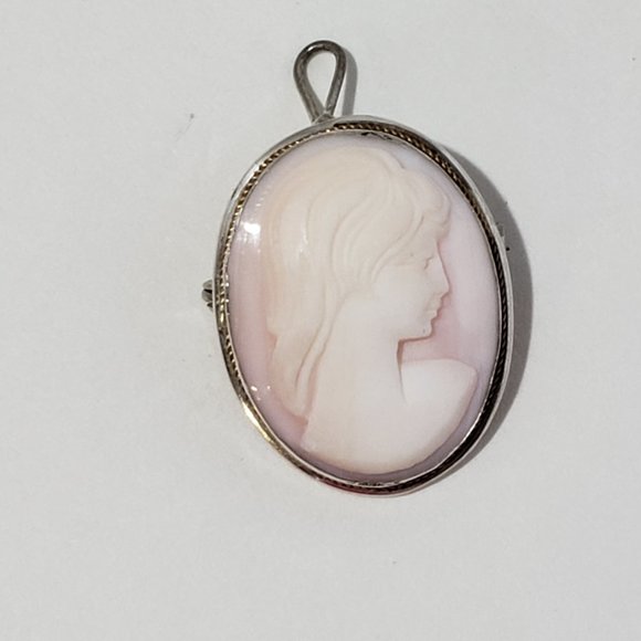 Estate Jewelry - Vintage 800 Sterling Silver Shell Cameo Brooch Pendant #8504